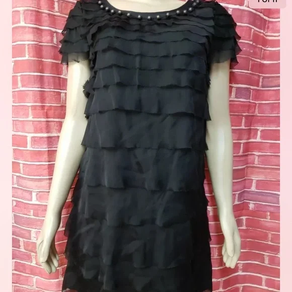 DKNY Silk Dress Ruffled Women's Sheath Shift Beads Tiered Black Sz 4